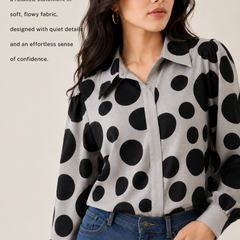 Women’s Grey Black Polka Dot Shirt | Full Sleeve Printed Casual Top for Women