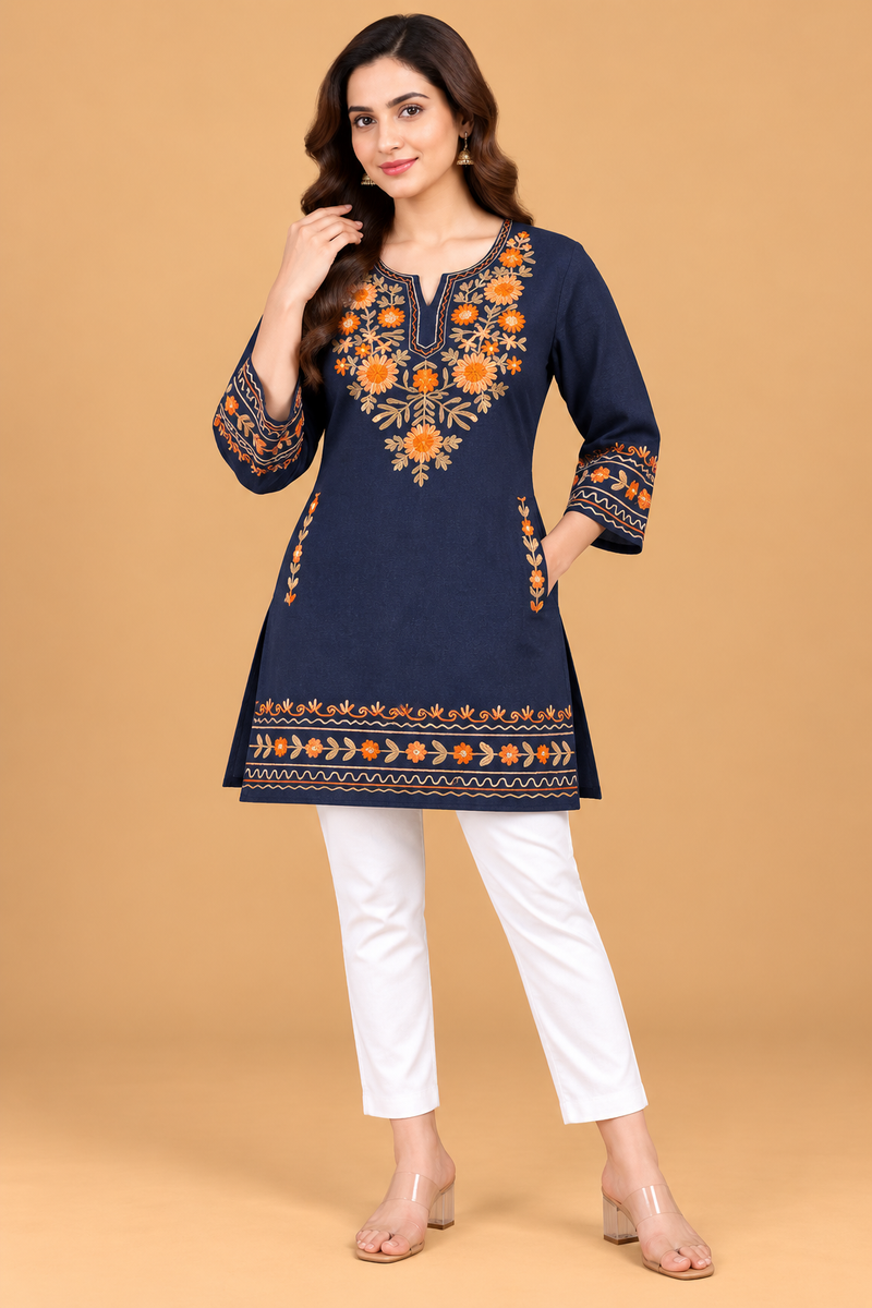 Multicolour Floral Embroidered Short Kurti for Women