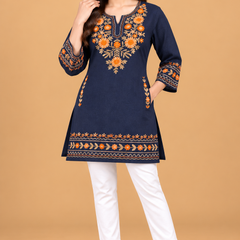 Multicolour Floral Embroidered Short Kurti for Women