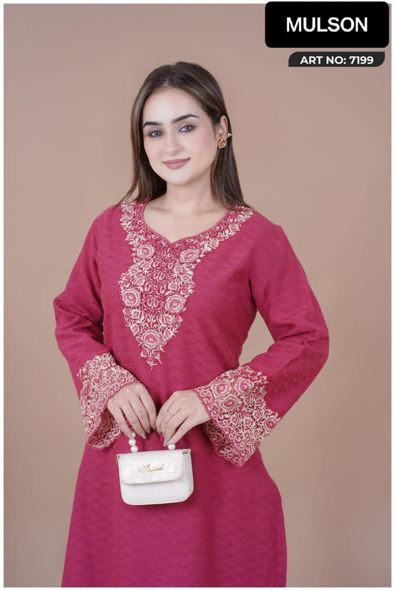 Add a touch of timeless elegance to your wardrobe with Mulson a beautifully crafted kurta designed for women who appreciate rich ethnic aesthetics. The deep rose shade is enhanced with intricate thread embroidery on the neckline and sleeves,
