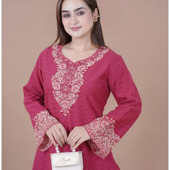 Add a touch of timeless elegance to your wardrobe with Mulson a beautifully crafted kurta designed for women who appreciate rich ethnic aesthetics. The deep rose shade is enhanced with intricate thread embroidery on the neckline and sleeves,