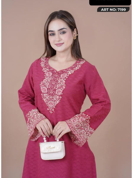 Add a touch of timeless elegance to your wardrobe with Mulson a beautifully crafted kurta designed for women who appreciate rich ethnic aesthetics. The deep rose shade is enhanced with intricate thread embroidery on the neckline and sleeves,