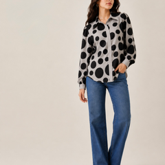 Women’s Grey Black Polka Dot Shirt | Full Sleeve Printed Casual Top for Women