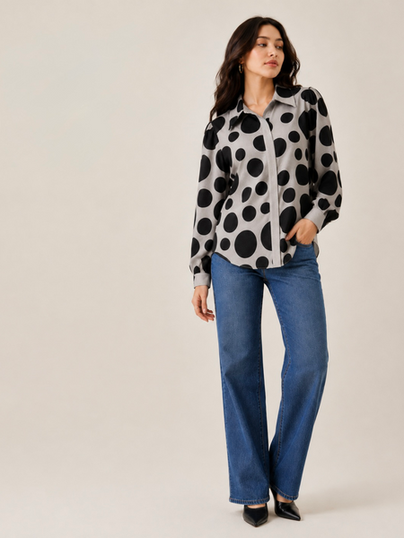 Women’s Grey Black Polka Dot Shirt | Full Sleeve Printed Casual Top for Women