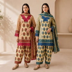 Women’s Beige & Blue Printed Kurta Patiala Set with Dupatta | Ethnic 3-Piece Cotton Suit Set