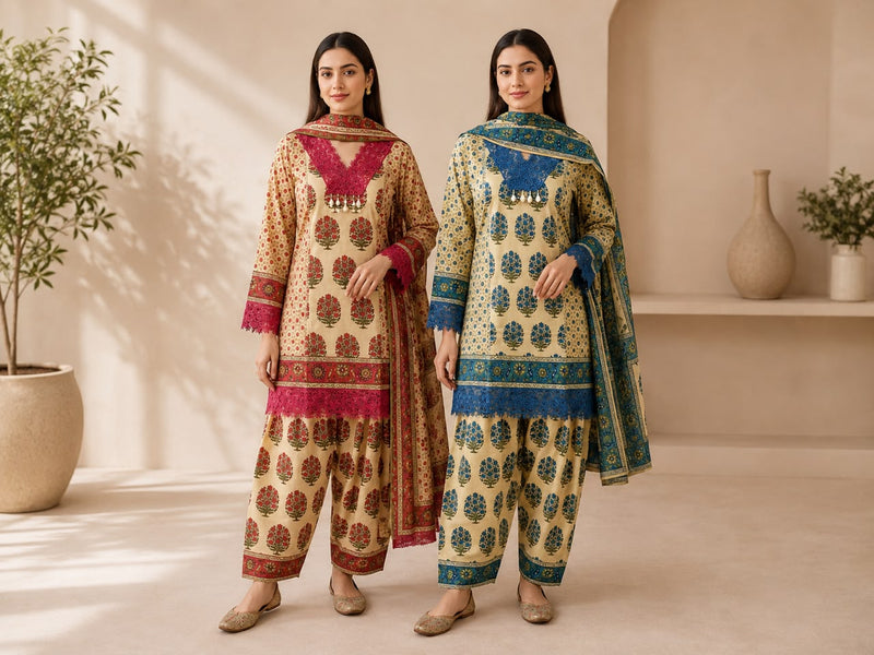 Women’s Beige & Blue Printed Kurta Patiala Set with Dupatta | Ethnic 3-Piece Cotton Suit Set