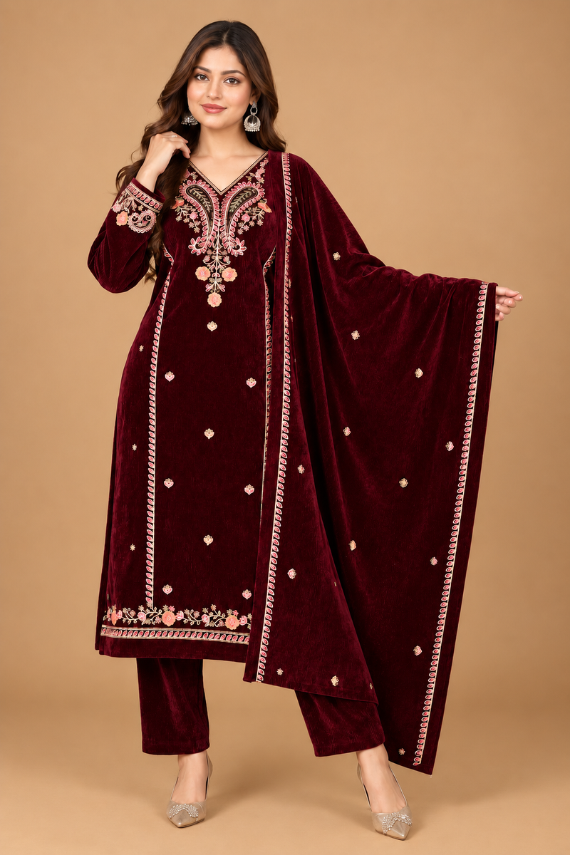Emerald Green Embroidered Velvet 3-Piece Winter Suit with Dupatta