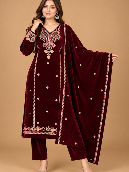Corduroy Embroidered Velvet 3-Piece Winter Suit with Dupatta