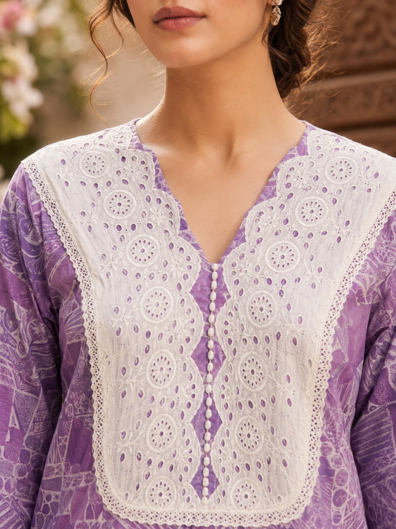 Women’s Lavender Cotton Printed Patiala Suit Set with Lace Work | Ethnic Kurta, Patiala Salwar & Dupatta