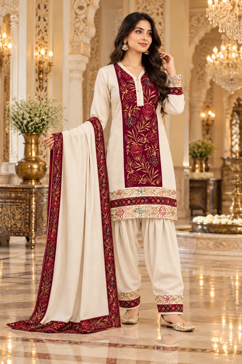 Ivory Cream & Maroon Kashmiri Embroidered Farshi Salwar Suit Set