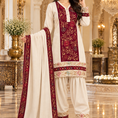 Ivory Cream & Maroon Kashmiri Embroidered Farshi Salwar Suit Set