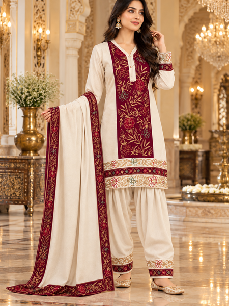 Ivory Cream & Maroon Kashmiri Embroidered Farshi Salwar Suit Set