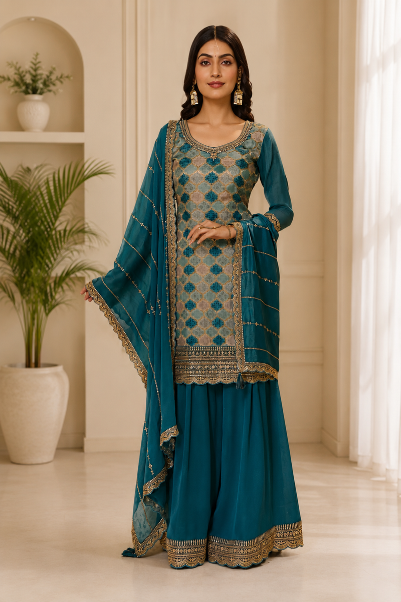 Women’s Rose Pink Embroidered Kurta Sharara Set with Dupatta | Festive 3-Piece Ethnic Suit