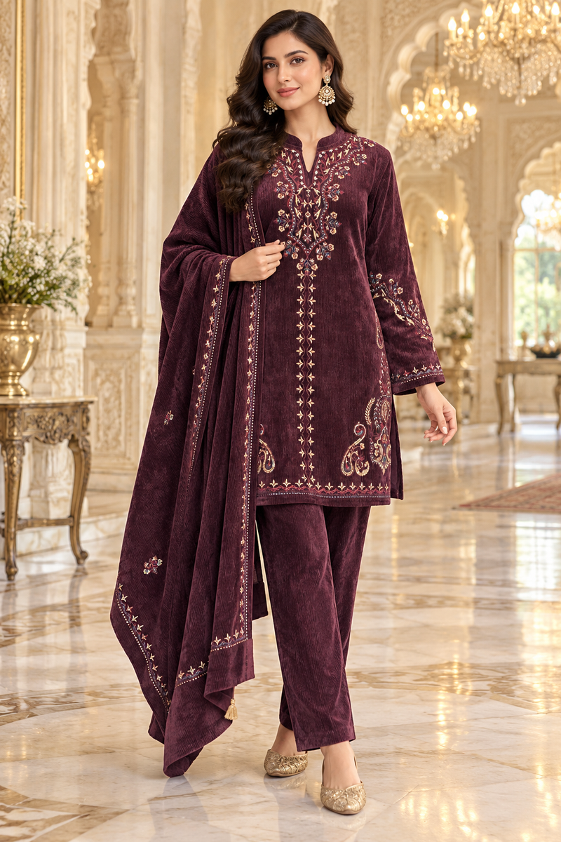 Corduroy Velvet Embroidered 3-Piece Winter Suit Set with Dupatta