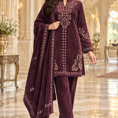Corduroy Velvet Embroidered 3-Piece Winter Suit Set with Dupatta