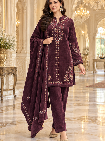 Corduroy Velvet Embroidered 3-Piece Winter Suit Set with Dupatta