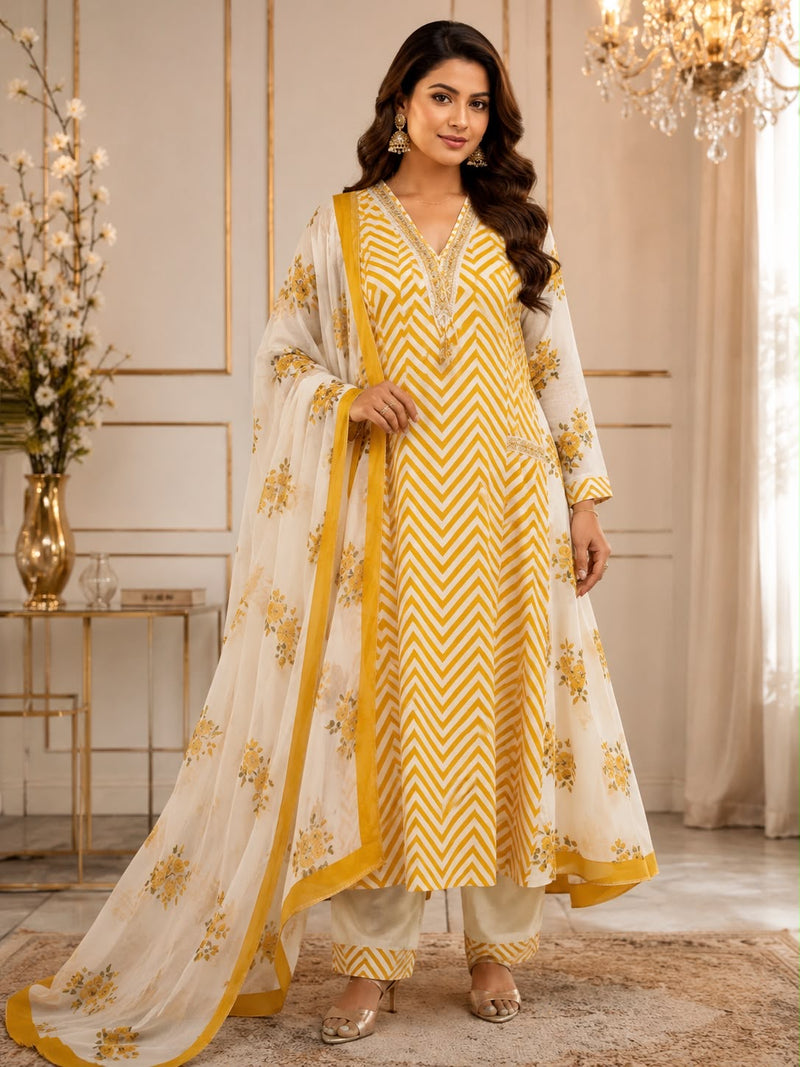 Women’s Red & White Chevron Printed Kurta Pant Set with Floral Dupatta | Elegant Ethnic Suit for Women