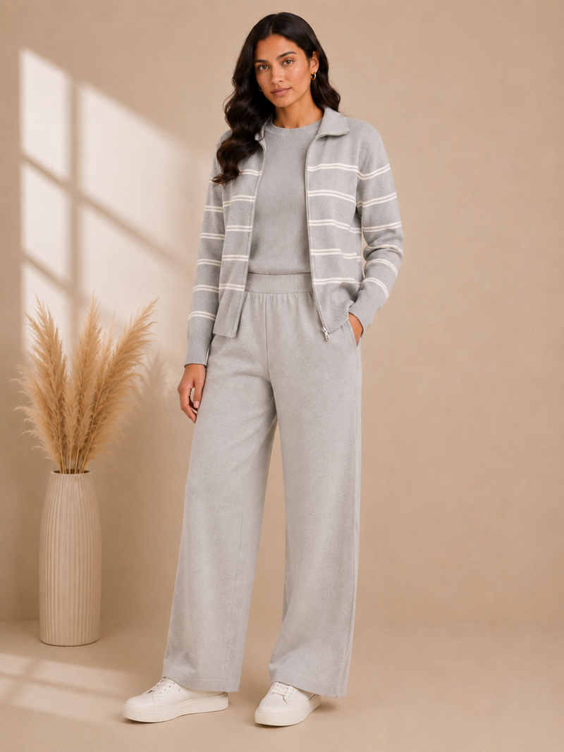 Mulson Ivory Striped 3-Piece Knitted Co-ord Set with Zip Jacket