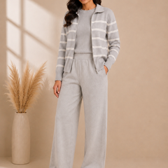 Mulson Ivory Striped 3-Piece Knitted Co-ord Set with Zip Jacket