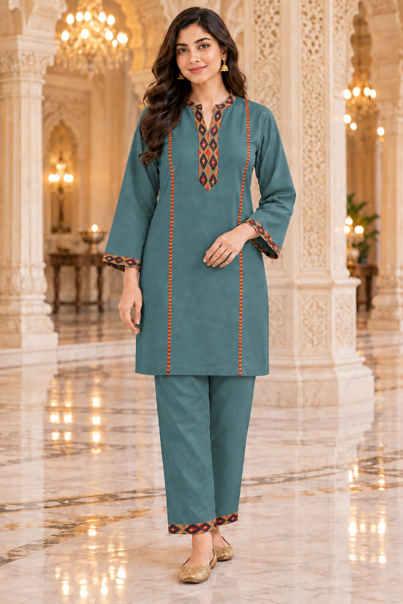 Kashmiri Border Work Winter Kurta Pant Set