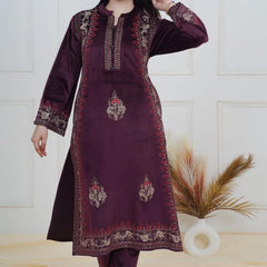 The rich plum shade enhances its appeal, while the handcrafted detailing on the neckline and sleeves ensures refined perfection. Tailored in a comfortable straight-fit silhouette, it offers both class and comfort, making it a graceful choice for win