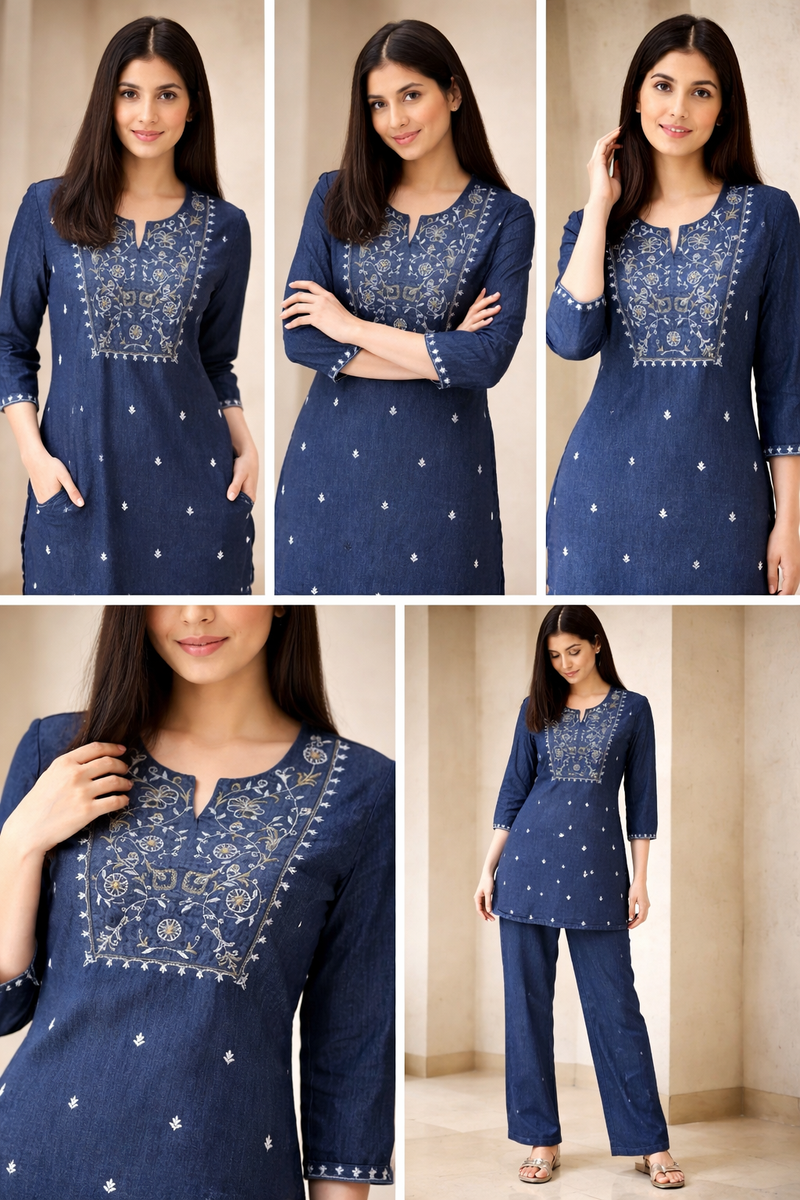 Women’s Denim Embroidered Kurta Pant Set