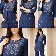 Women’s Denim Embroidered Kurta Pant Set