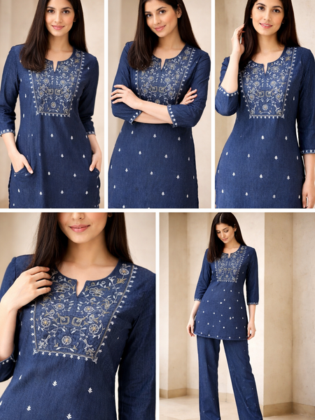 Women’s Denim Embroidered Kurta Pant Set