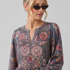 Women’s Grey Floral Printed Maxi Dress | Long Sleeve Boho Tiered Dress for Women