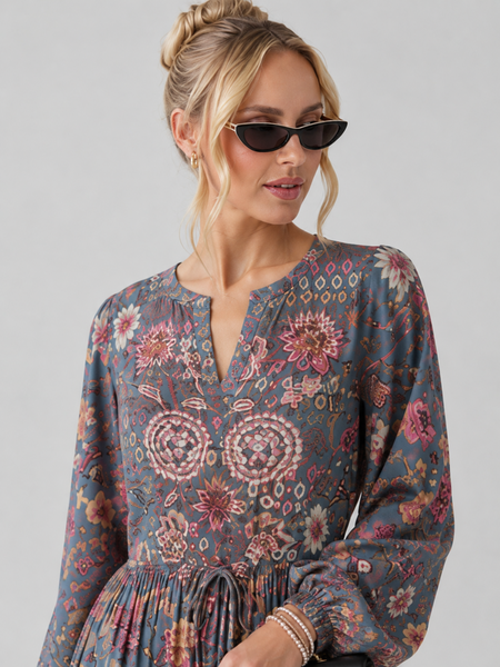 Women’s Grey Floral Printed Maxi Dress | Long Sleeve Boho Tiered Dress for Women