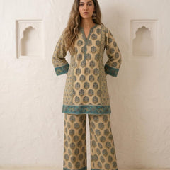 Rustic Olive ,Lime green , with rich teal  Handblock Suit Set