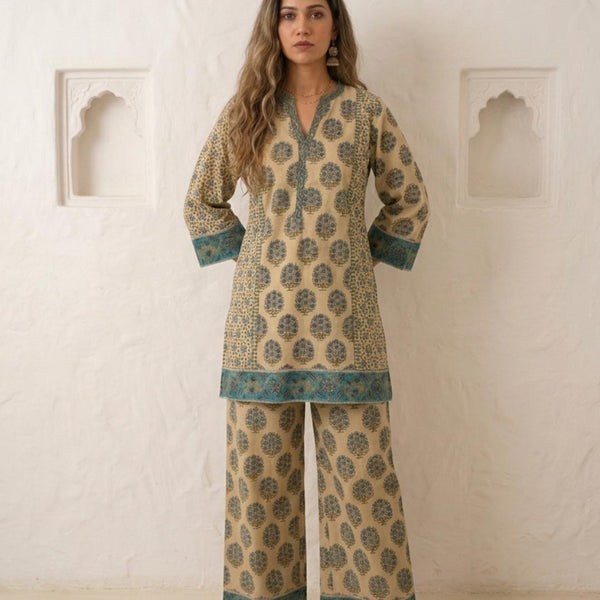 Rustic Olive ,Lime green , with rich teal  Handblock Suit Set