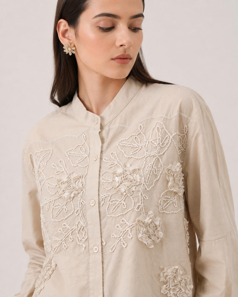 Women’s Beige Floral Embroidered Cotton Shirt | Mandarin Collar Full Sleeve Casual & Office Wear Top