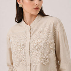 Women’s Beige Floral Embroidered Cotton Shirt | Mandarin Collar Full Sleeve Casual & Office Wear Top