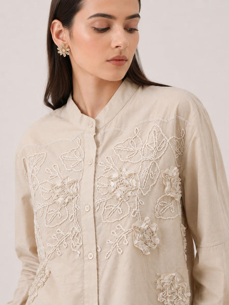 Women’s Beige Floral Embroidered Cotton Shirt | Mandarin Collar Full Sleeve Casual & Office Wear Top