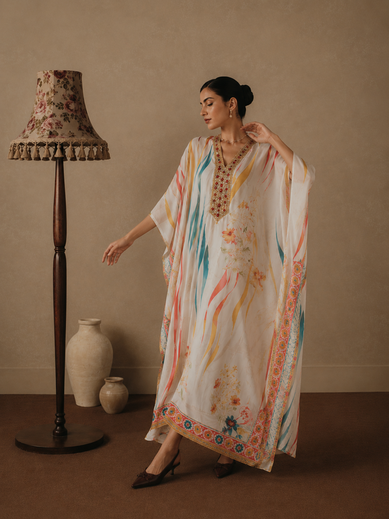 Women’s White Printed Kaftan Dress with Embellished V-Neck | Resort Wear Maxi Kaftan for Women