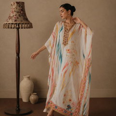 Women’s White Printed Kaftan Dress with Embellished V-Neck | Resort Wear Maxi Kaftan for Women
