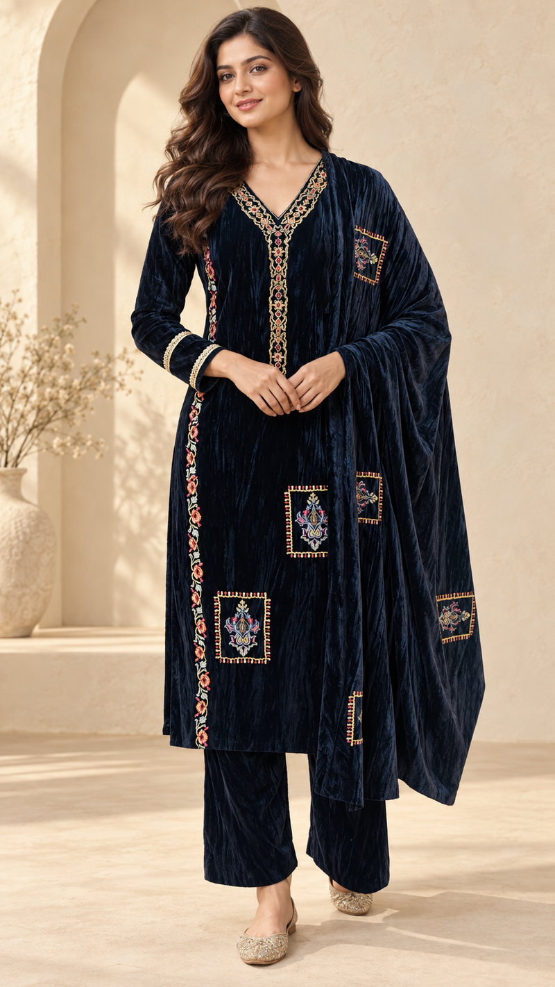 Velvet Embroidered 3-Piece Suit Set