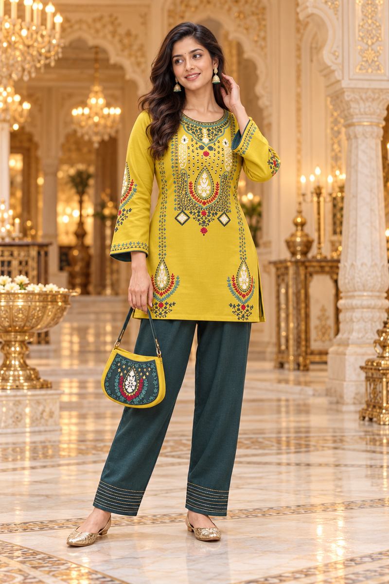 Mustard Yellow Embroidered Short Kurta with Bottle Green Pants Co-Ord Set |