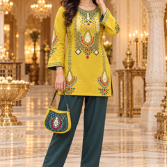 Mustard Yellow Embroidered Short Kurta with Bottle Green Pants Co-Ord Set |