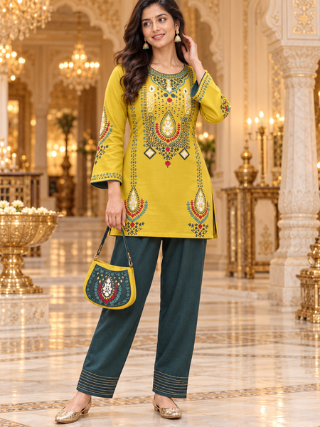 Mustard Yellow Embroidered Short Kurta with Bottle Green Pants Co-Ord Set |