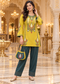 Mustard Yellow Embroidered Short Kurta with Bottle Green Pants Co-Ord Set |