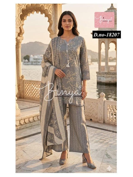 Charcoal Grey Printed Cotton Suit Set with Dupatta for Women | Ethnic Kurta Palazzo Set