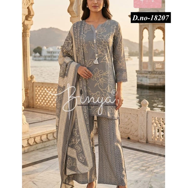 Charcoal Grey Printed Cotton Suit Set with Dupatta for Women | Ethnic Kurta Palazzo Set