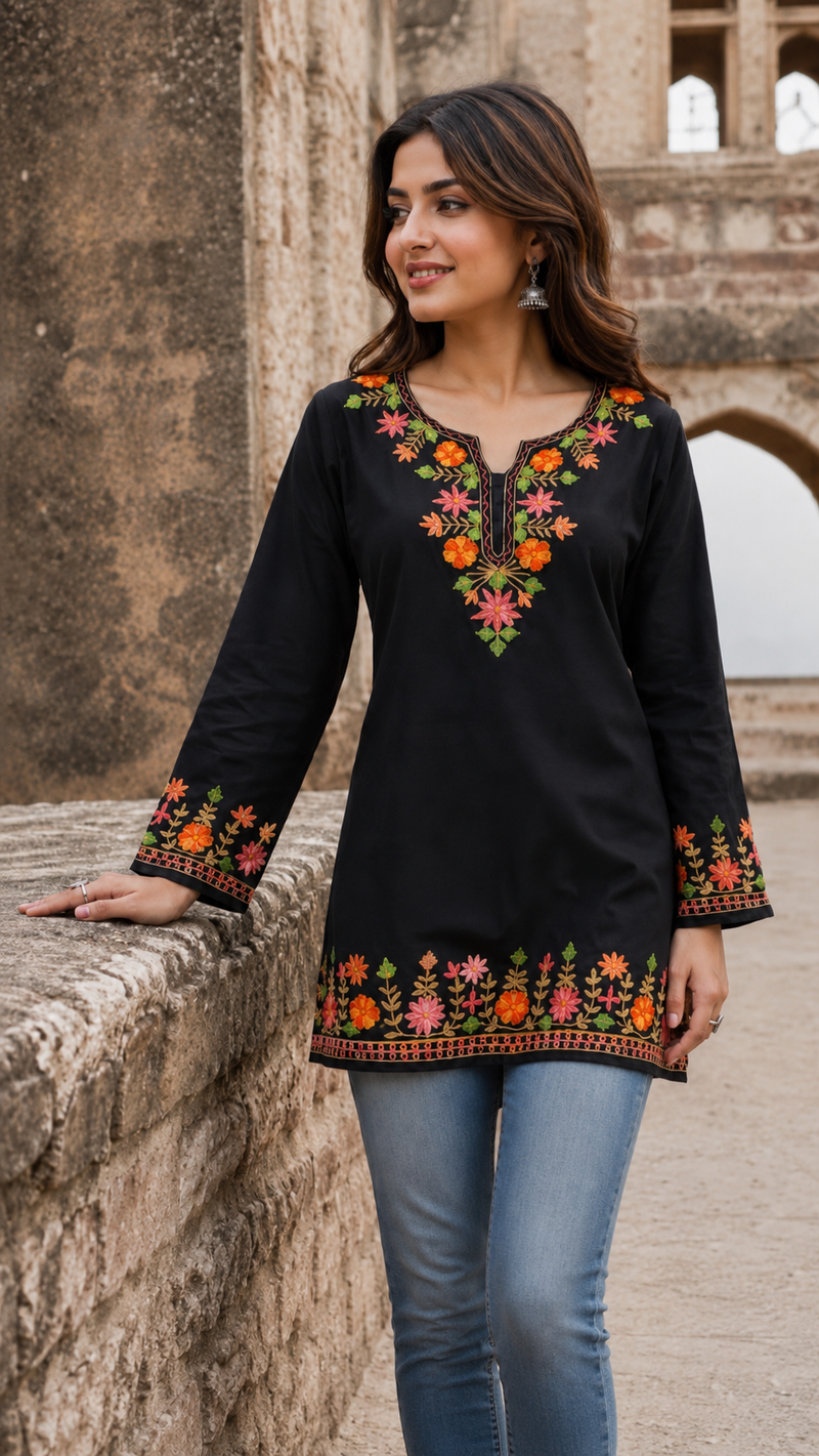 Mehendi Green Floral Embroidered Short Kurti for Women
