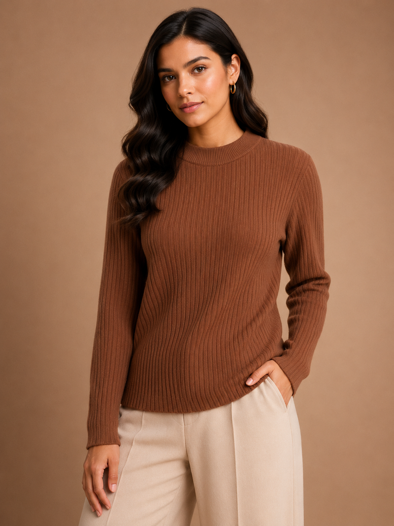 Women’s Chocolate Brown Ribbed Knit Round Neck Sweater