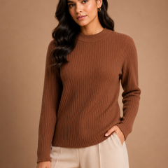 Women’s Chocolate Brown Ribbed Knit Round Neck Sweater