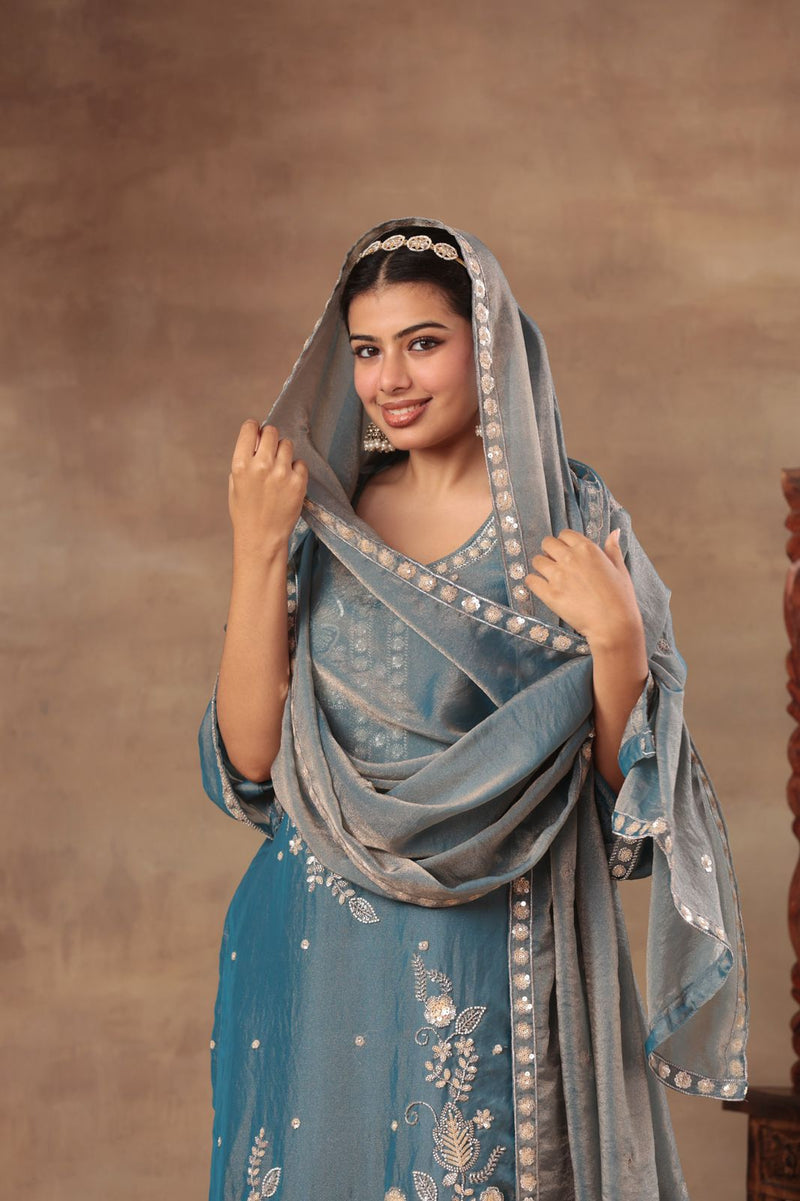 Women’s Steel Blue Embroidered Kurta Palazzo Set with Dupatta | Festive Ethnic Wear