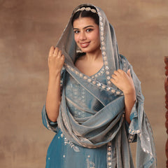 Women’s Steel Blue Embroidered Kurta Palazzo Set with Dupatta | Festive Ethnic Wear