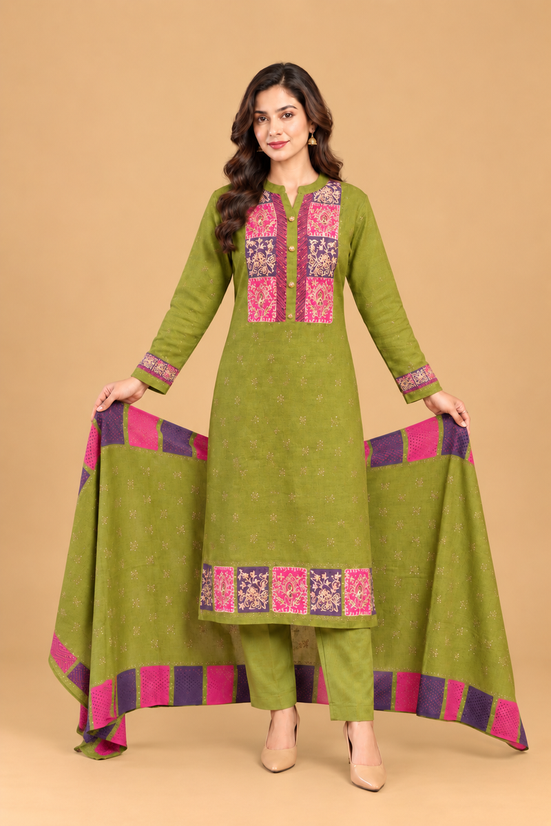 Olive Green Patchwork Embroidered Winter Kurta Pant Dupatta Set